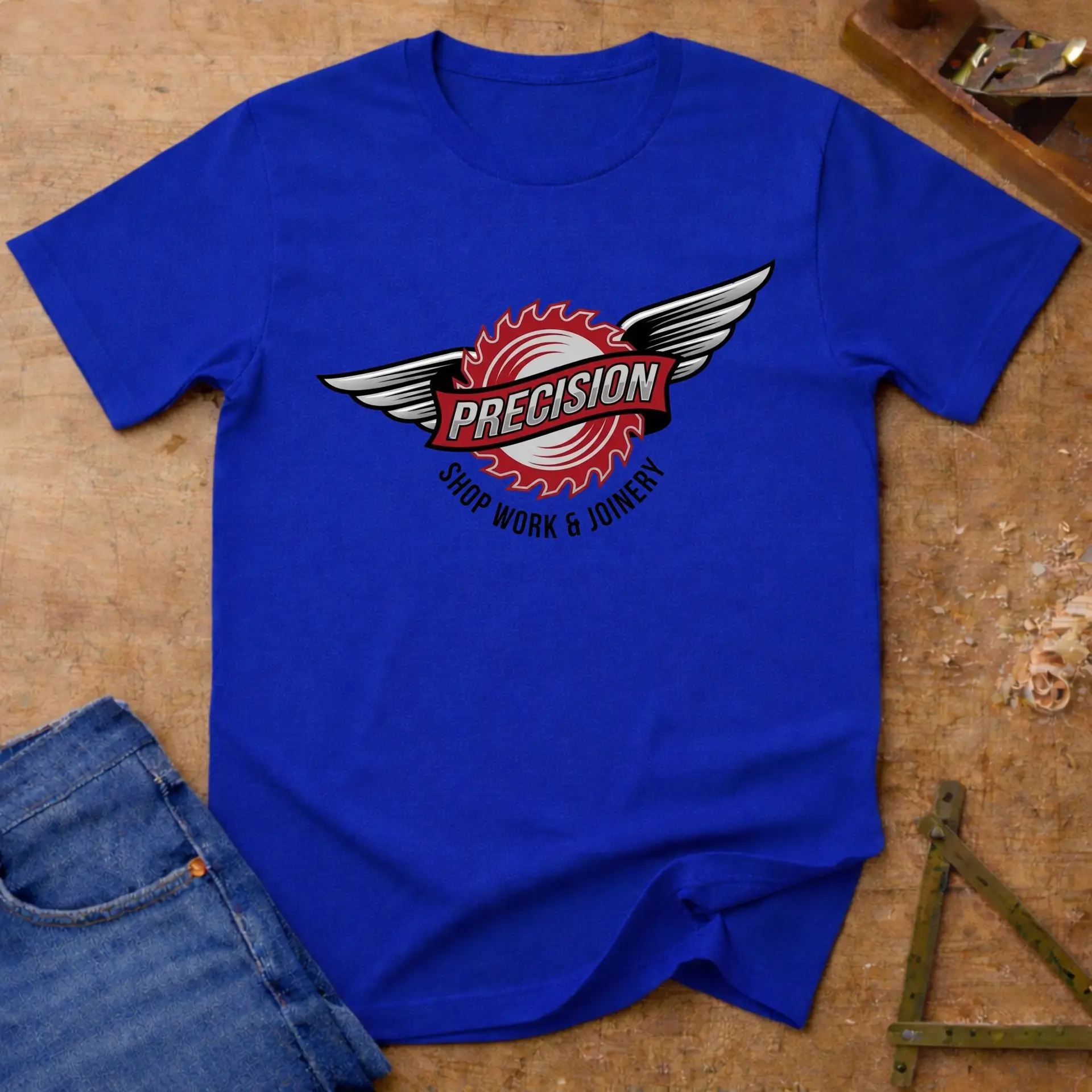 Precision Shop Work, woodworking T-shirt in Royal