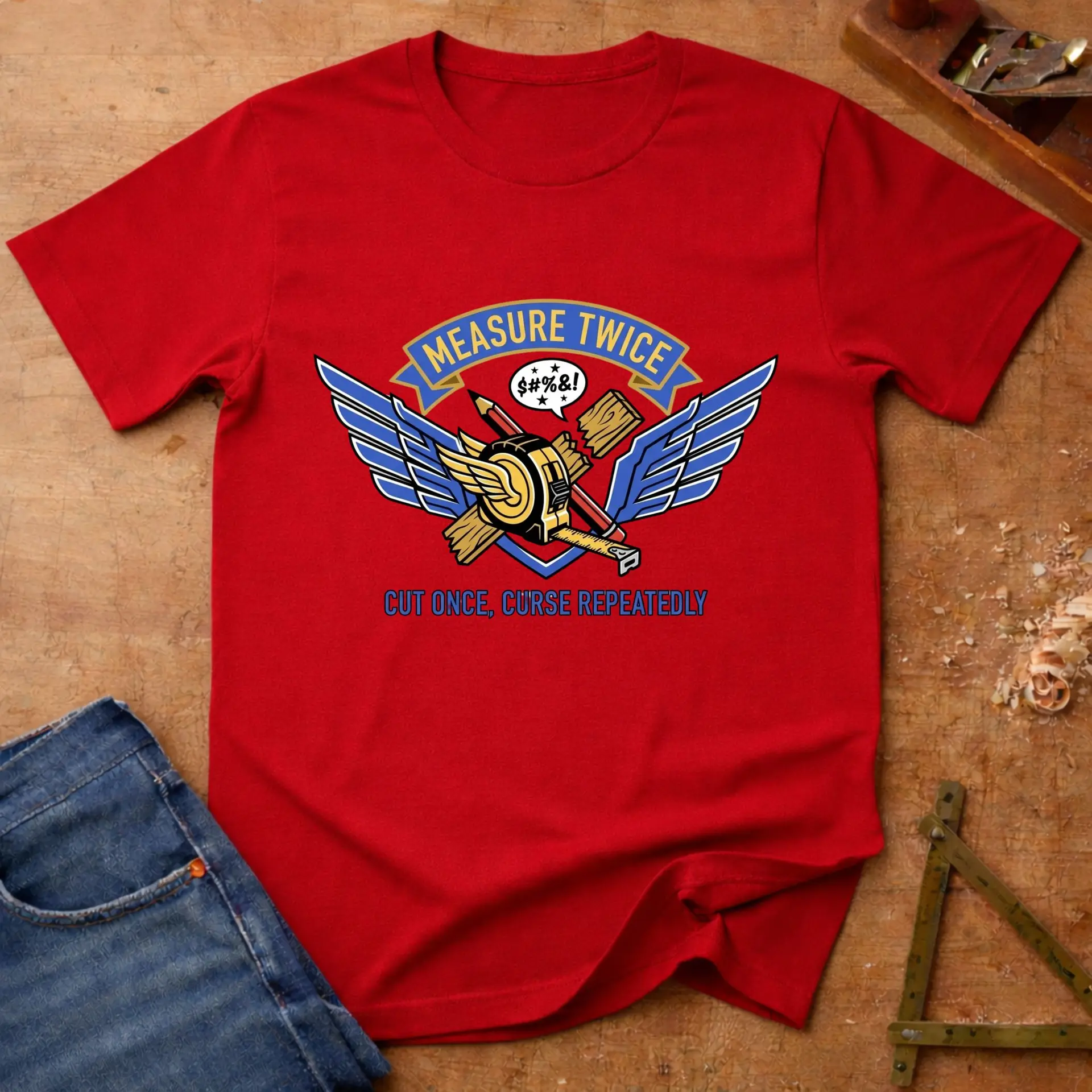 Measure Twice, Curse, funny woodworking T-shirt in Red