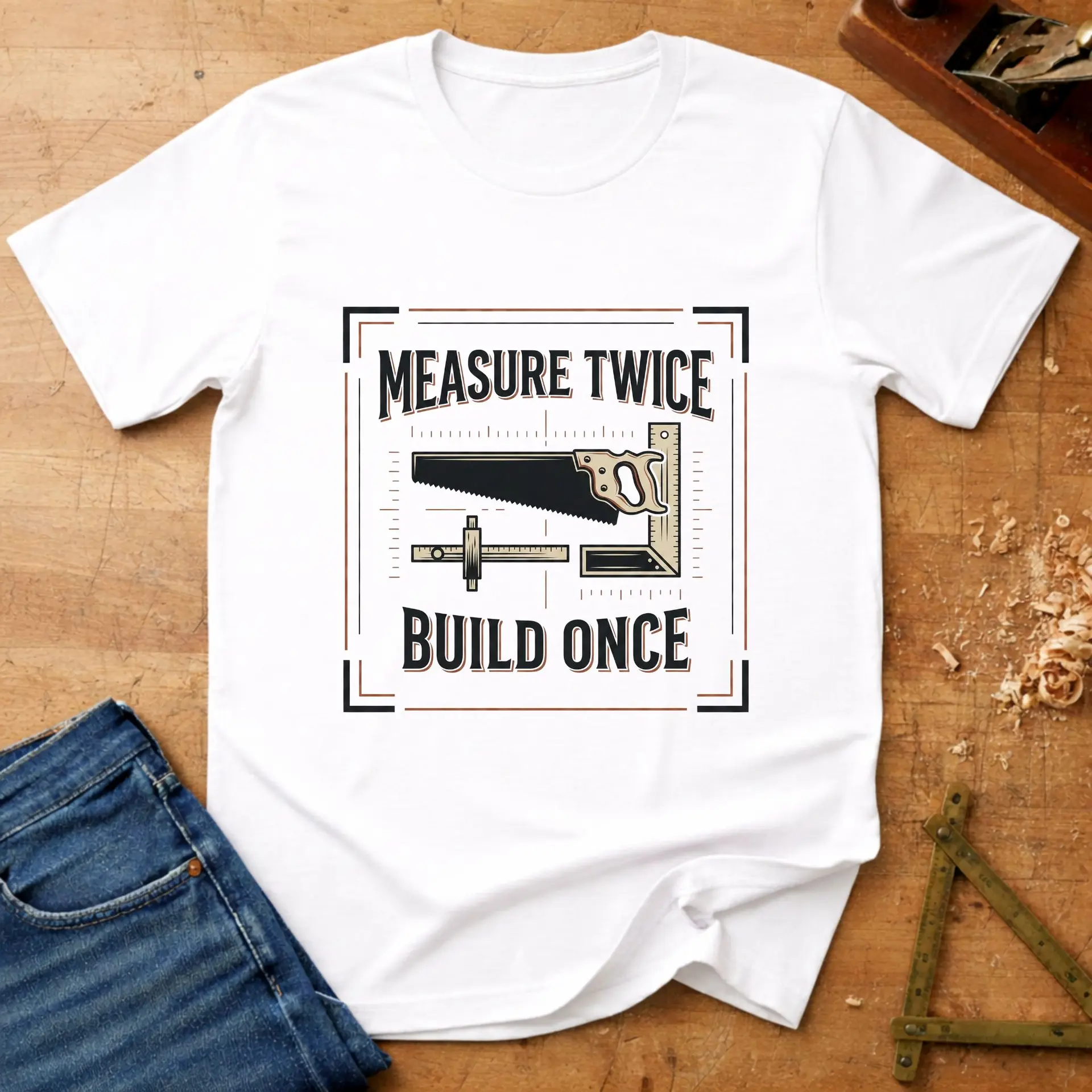 Measure Twice - Build Once, woodworking T-shirt in White