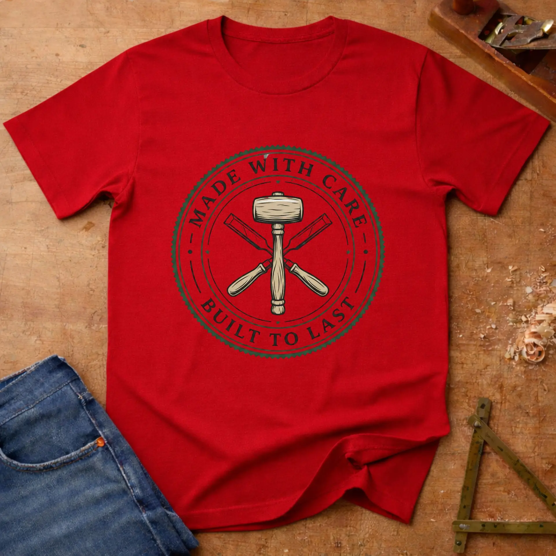 Made with Care, woodworking T-shirt in Red