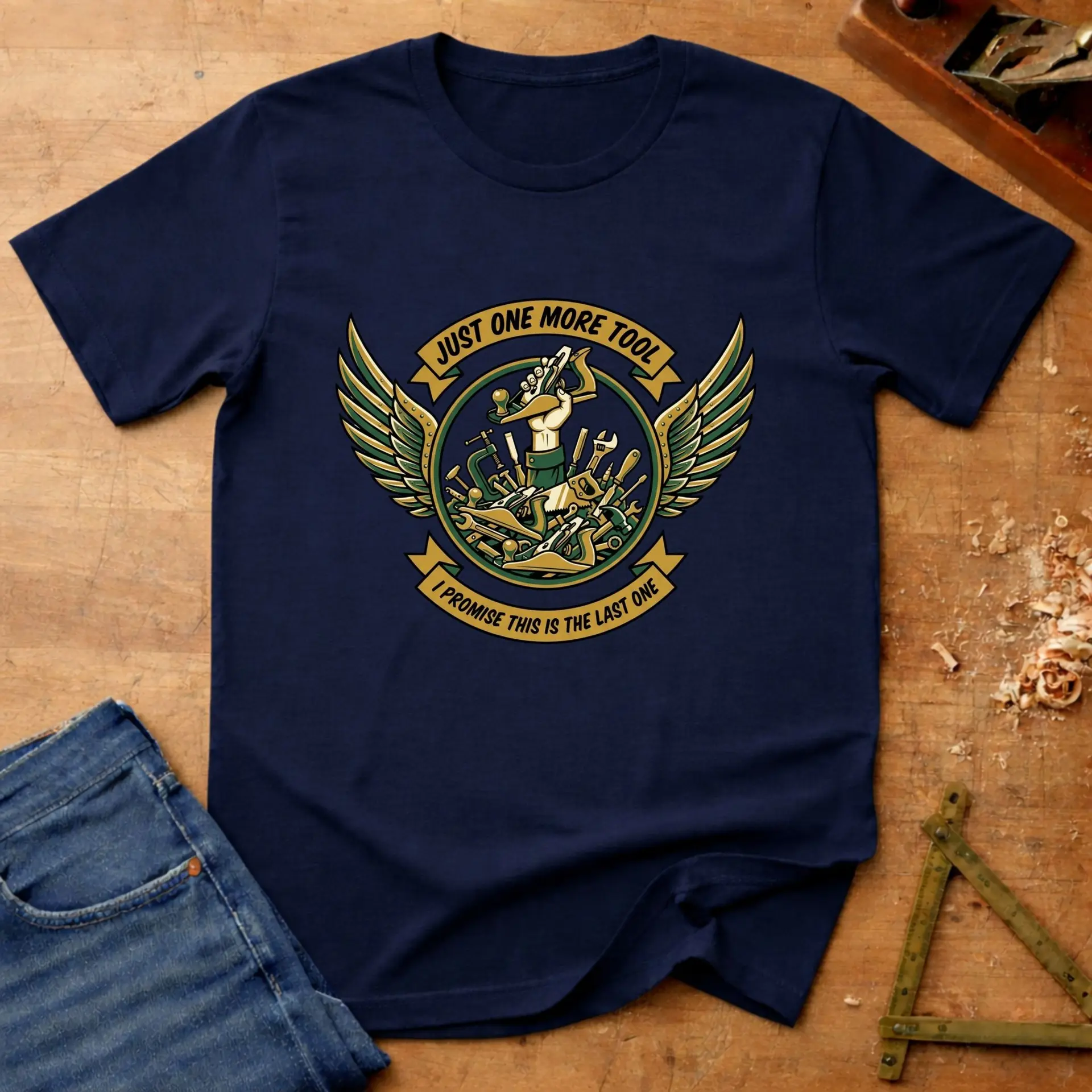 Just One More Tool, funny workshop T-shirt in Navy
