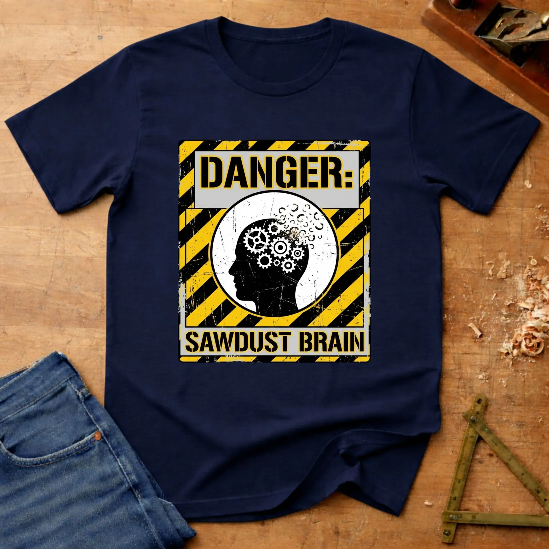 Sawdust Brain, funny woodworking T-shirt in Navy